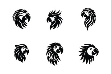 Set of Stylized Parrot Head Logos in Tribal and Modern Design
