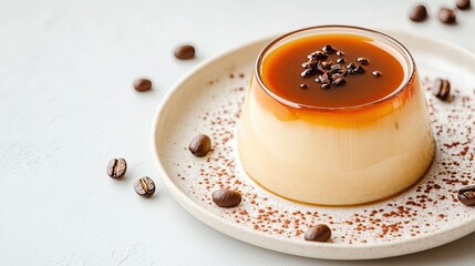 Creamy Coffee Flan Dessert with Caramel Topping and Coffee Beans on Plate
