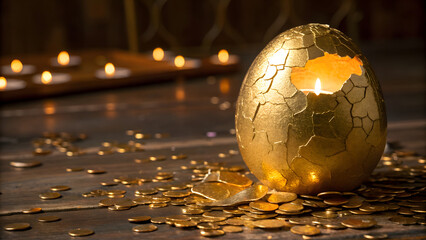 Golden Cracked Egg with Coins and Light - Symbol of Wealth and Prosperity