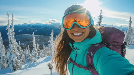 Smiling Woman Hiking in Snowy Mountains Taking a Winter Selfie