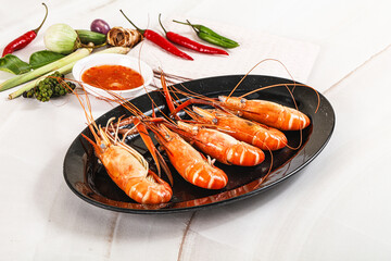 Boiled tiger prawn with sauce