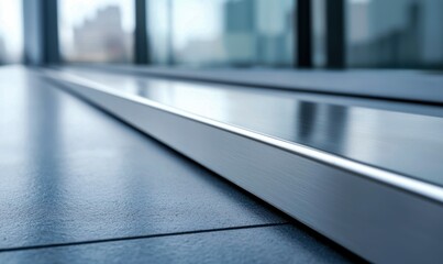Fototapeta premium A modern metal threshold creates a sleek transition between an office interior and the city view.
