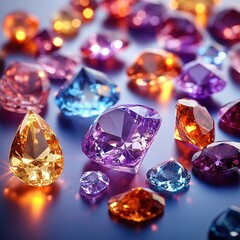 Fototapeta premium Luxurious Gemstones Collection on Sleek Black Surface Sparkling Jewels Hyper-Realistic Colorful Precious Stones