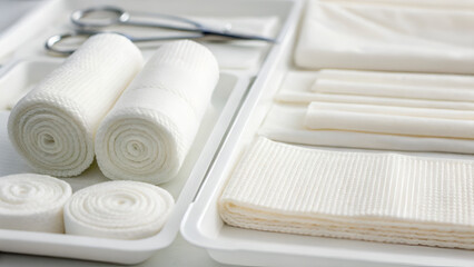 wound care products bandages Medical supplies arranged neatly on a tray, including bandages and scissors.