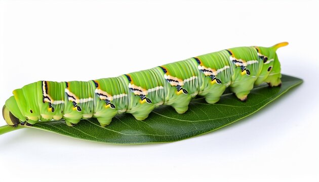 large caterpillar of oleander hawk moth or daphnis nerii butterfly with green oleander leaf on white background
