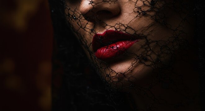 Close-up of a woman's lips adorned with red lipstick, partially obscured by a delicate black lace veil - pout lips