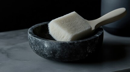 A natural bristle brush resting in a stone bowl
