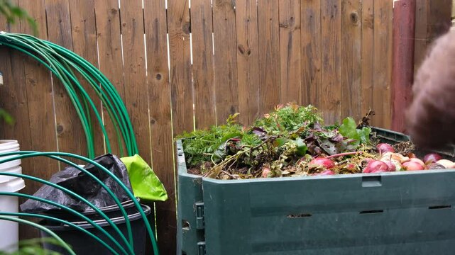 Moscow obl.,Russia,09.12.2021. An open container for compost with peels, fruit and vegetable trimmings in the suburban area. Organic waste in a garden composter. Eco-friendly gardening, eco-friendly
