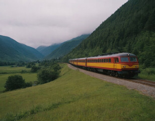 Moving train, beautiful landscape. Realistic illustration