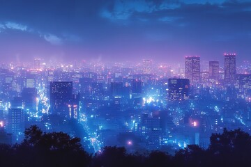 Fototapeta premium Illustration of a blue light nighttime cityscape in Yokohama, Japan. Generative Ai