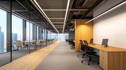 Modern office interior featuring sleek design, large windows, and collaborative spaces