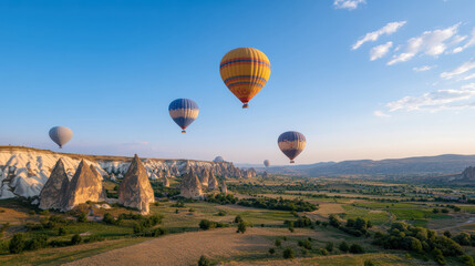 Obraz premium Breathtaking hot air balloons soar over Cappadocia unique rock formations at sunset