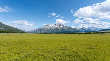 Fototapeta premium Majestic mountains rise above vibrant green meadow under bright blue sky