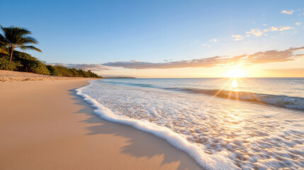 Obraz premium serene beach at sunset with gentle waves lapping at shore, creating peaceful atmosphere
