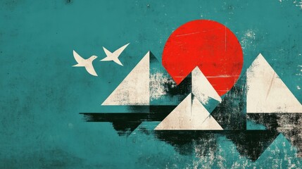 Abstract Mountains with Birds, and Sunset  Minimalist Landscape.