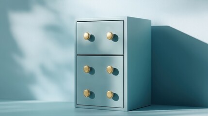A stackable cosmetic storage unit with sleek design and golden knobs against a soft sky blue background