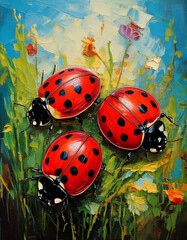 Obraz premium Colorful ladybugs green floral background paint, ladybug on a yellow background, ladybirds painting wall art, 