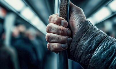 A firm hand clutches a subway pole amidst the blur of fellow commuters on a moving train.