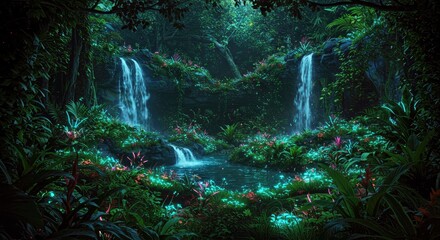 A secret oasis glowing with bioluminescent plants at night