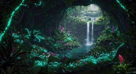 A secret oasis glowing with bioluminescent plants at night