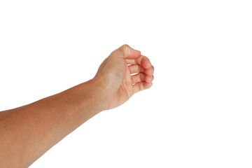 A man's hand showing a raised reaching gesture on a white background.