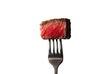 PNG cut out isolated background. A juicy, medium-rare steak cube with a seared crust and a tender pink center, pierced by a silver fork. 