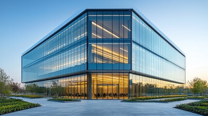 Obraz premium Modern Glass Building With A Reflective Facade And Landscaping