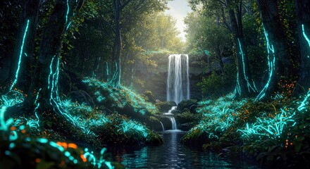 A secret oasis glowing with bioluminescent plants at night