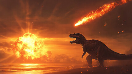 Fototapeta premium Dinosaur gazing at fiery meteor approaching Earth during dramatic sunset