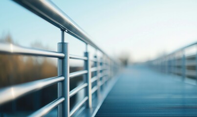 Naklejka premium A modern pedestrian bridge featuring sleek metal railings recedes into the soft, blurred distance.