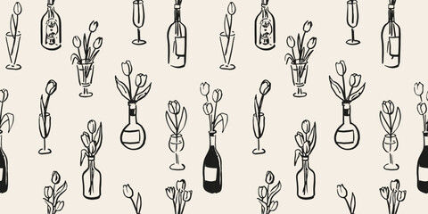 Seamless pattern with Tulips in wine bottle and glass. Conceptual, naive flower sketch. Hand drawn ink vector illustration. Element for poster, social media, banners, invitation.