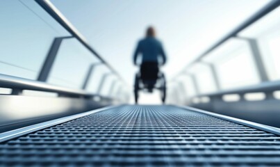 A person in a wheelchair is seen moving along a modern metallic ramp with a blurred background.