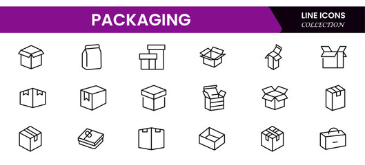 Package box line icon vector set. Containing open cardboard, fast delivery box, container, parcel protection, storage, good packing, fragile, wrapped, offer, processed, product shipping, merchandise