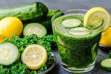Plant-based diets Food concept. Green smoothie made with kale, cucumber, and lemon slices, surrounded by fresh ingredients for a healthy drink.