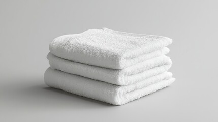 A set of three white cotton dish towels, stacked on top of each other on a soft gray background, full view with shadows.