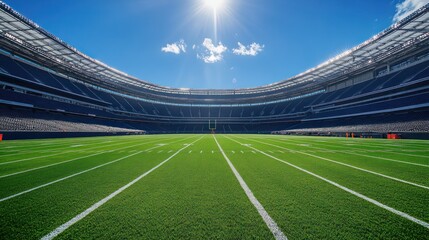 Empty football stadium under bright sunlight.