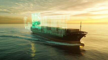 Advanced container ship navigating ocean with digital overlay technology