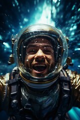 Fototapeta premium A joyful astronaut smiles inside a space helmet, surrounded by stars and cosmic light. Perfect for themes of exploration and adventure.