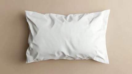 Obraz premium A plain white cotton pillowcase, lying flat on a beige background, wrinkles and fabric texture visible in realistic lighting.