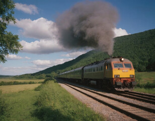 Fototapeta premium Moving train, beautiful landscape. Realistic illustration