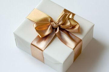 Obraz premium Isolated on a white background is a white present box with a golden ribbon bow. Generative Ai