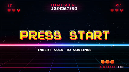 Set of arcade.pixel art .8 bit game.retro game. for game assets in vector illustrations.Retro Futurism Sci-Fi Background. glowing neon grid.and stars from vintage arcade comp  © Maderla