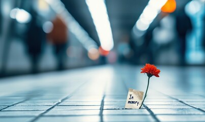 A single red flower blooms in a tunnel, a note reading 'In memory' adding a somber tone.