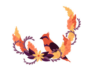 Round flower bird frame, vintage wreath with blossom. Folk art, ornamental frame with floral composition. Bright illustration, can be used as creating or invitation card