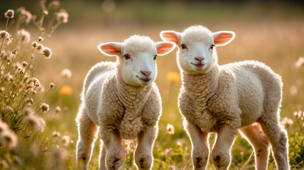 Fototapeta premium Cute little lamb on green meadow. Baby lamb walking on pasture, on green grass with flowers. Little farm animals