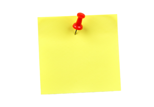 Yellow sticky note png, with red push pin, isolated on transparent background