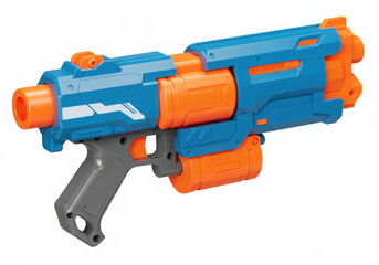 Close up view of a toy blaster gun with blue and orange plastic on a white background