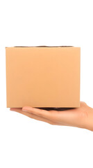 Fototapeta premium Isolated Photo of Hand Holding Brown Cardboard Box For Delivery Package Shipping With Transparent Background