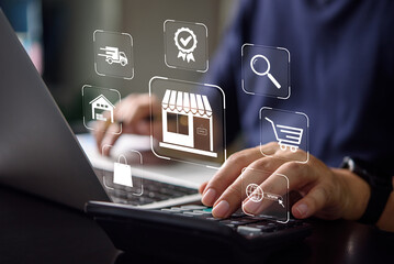 E-commerce concept with a person interacting with icons representing online shopping, delivery, and...