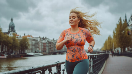 Confident plus-size woman jogging outdoors in an urban setting